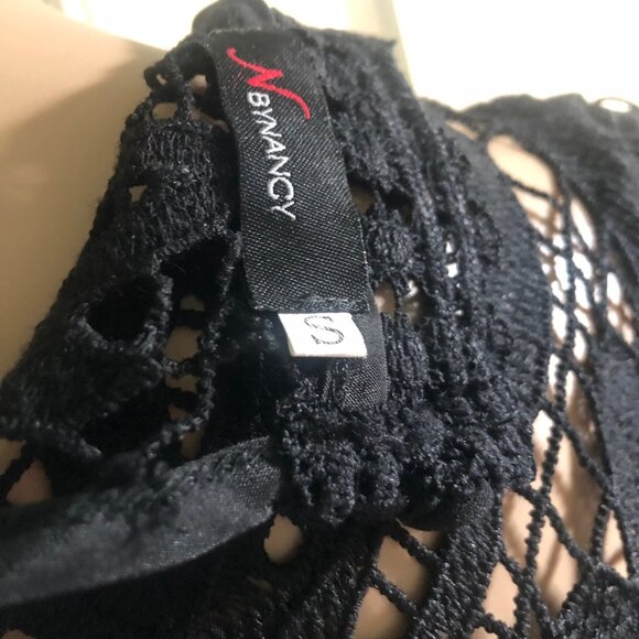 N By NANCY Intricate Open Lace Puff Sleeves Scalloped Hemline Black Dress Sz S - Picture 5 of 5